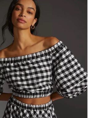 Anthropologie Maeve Off-Shoulder Gingham Crop Top Tie Back - Size Small